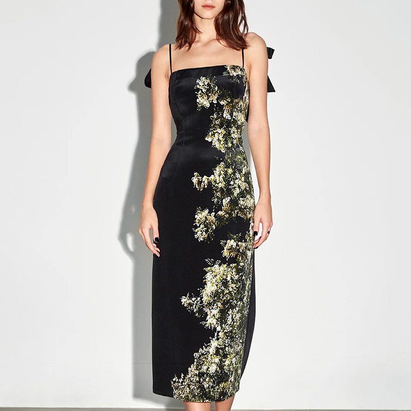 AS DALIO设计师原创定位印花绑带设计真丝桑蚕丝吊带长裙连衣裙