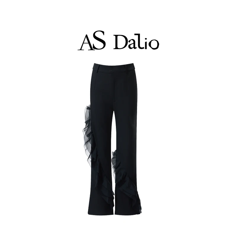 AS DALIO设计师款中腰欧根纱荷叶边通勤休闲宽松西裤