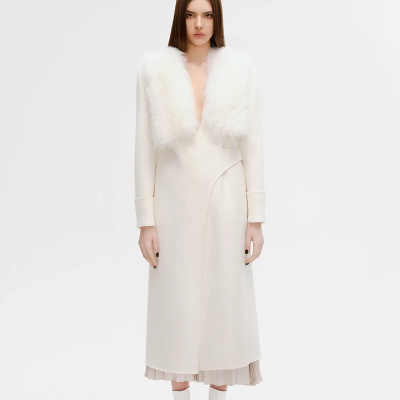 AS DALIO设计师款纯澳毛皮草羊毛大衣女不对称系带长款毛呢