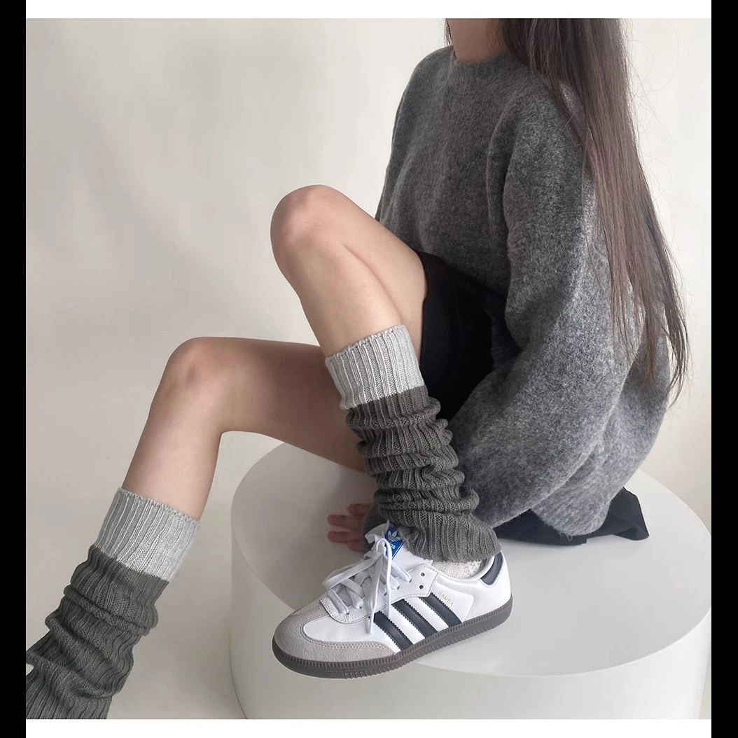 鸿织纺针织袜套女款春秋冬毛线腿套堆堆袜灰色保暖小腿袜Y2K