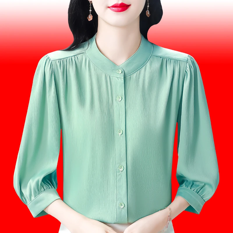 高档纯色七分袖衬衫2025夏季新款洋气百搭小衫垂坠感遮肉显瘦上衣
