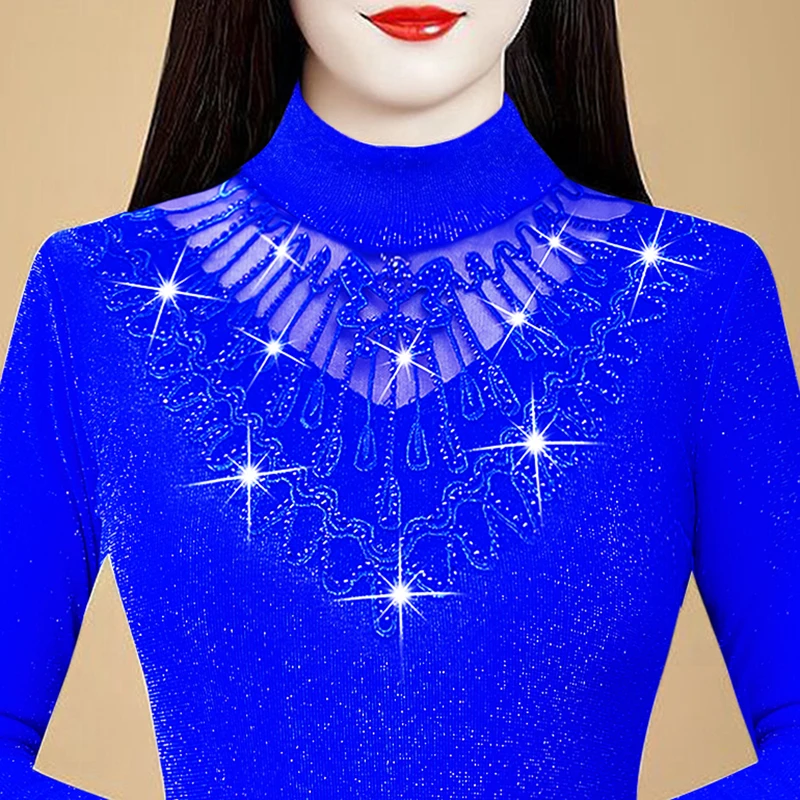 高端打底衫加绒加厚女秋冬新款洋气长袖蕾丝上衣网纱烫钻T恤小衫