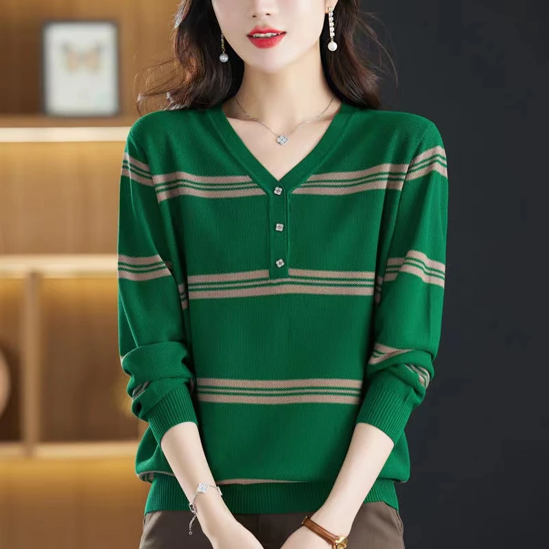 拼色条纹V领长袖针织衫女早秋气质微胖高级感上衣妈妈洋气秋装