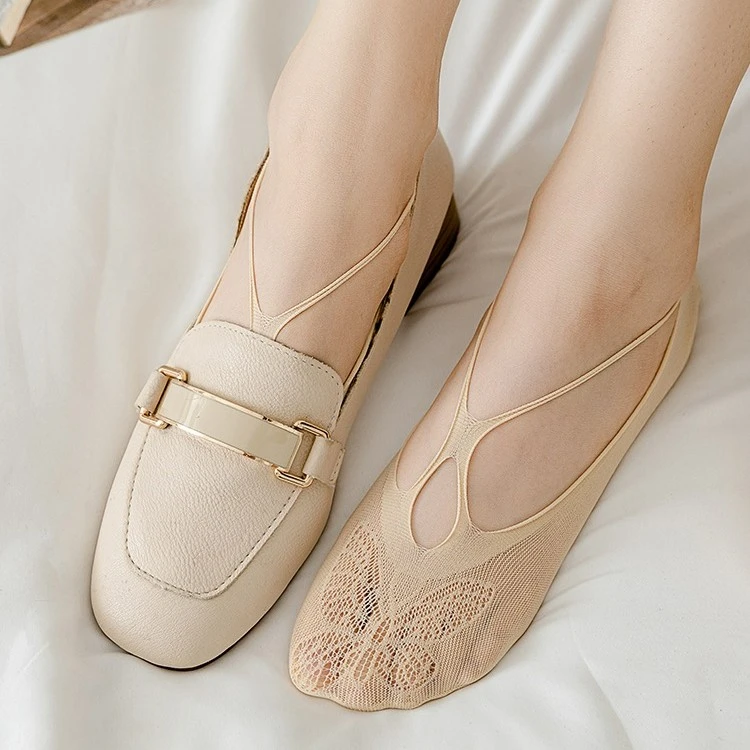 女士薄款蕾丝吊带船袜隐形透气镂空蝴蝶夏季不掉跟女士纯色短袜子