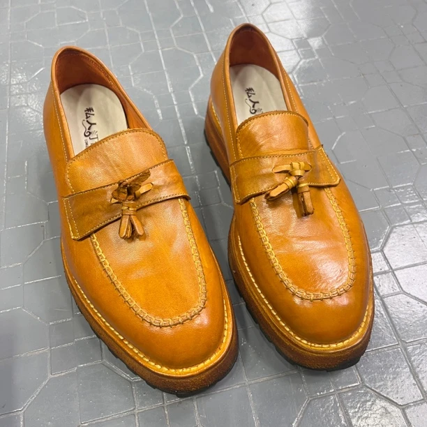 男士复古做旧水洗马皮乐福流苏款一脚蹬厚底休闲正装皮鞋防臭