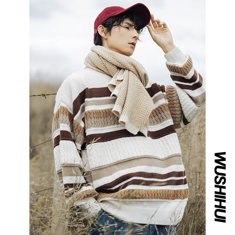 美式条纹绞花拼接圆领毛衣男2023秋冬款宽松休闲慵懒风针织衫外套