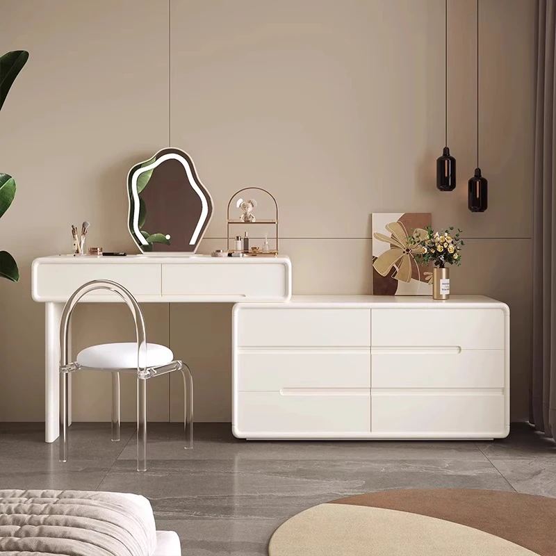 奶油风梳妆台斗柜一体卧室小户型现代简约高级感可转角伸缩化妆桌
