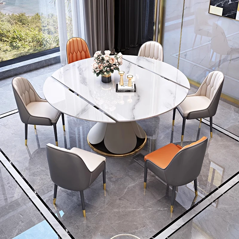 岩板餐桌椅组合现代简约金属艺术伸缩方圆两用餐桌莲花台跳台饭桌