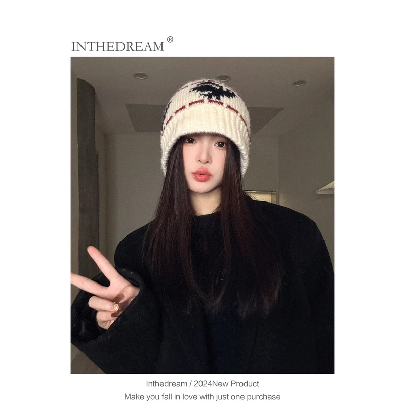 复古名族风针织帽子女秋冬毛线帽大头围显脸小氛围感保暖水桶盆帽