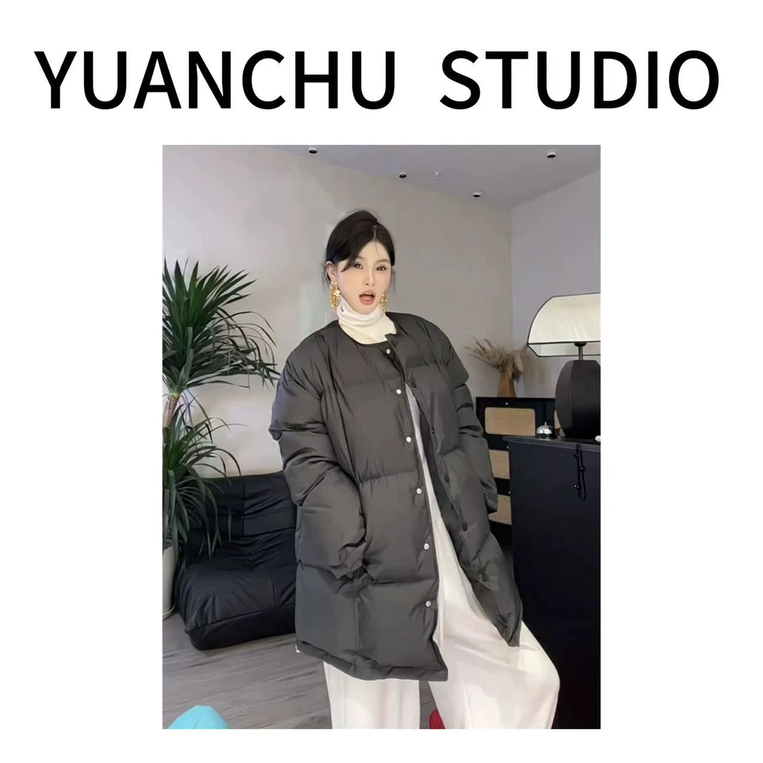 【YC】2024年年货款百搭显瘦圆领长款肯豆加厚保暖棉服外套