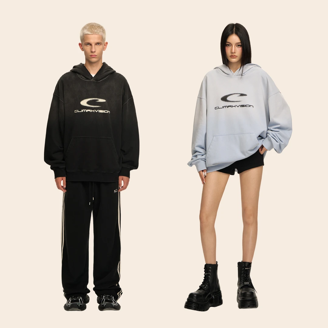 CLIMAX VISION做旧渐变水洗模糊logo印花连帽卫衣美式情侣帽衫