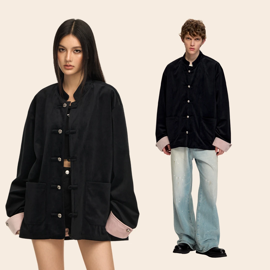 CLIMAX VISION新中式十字盘扣立领丝绒夹克外套男女同款国风上衣