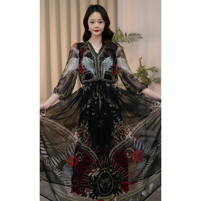 【天使之翼】新款设计感时尚精致贵夫人法式复古瘦黑色碎花连衣裙