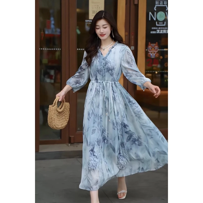 【蝴蝶兰】晴空碧胜蓝 24年新款显白甜美气质中袖女装连衣裙