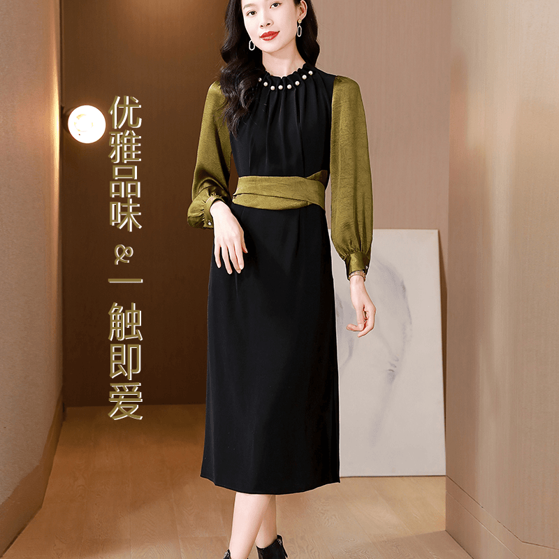 醋酸缎面连衣裙高腰显瘦气质长袖收腰优雅过膝长裙法式轻奢拼接裙