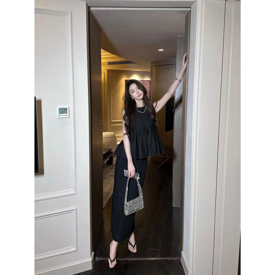 Z11《夜空华尔兹》 新款套装精细捏褶微喇上衣搭配直筒半裙气质优雅