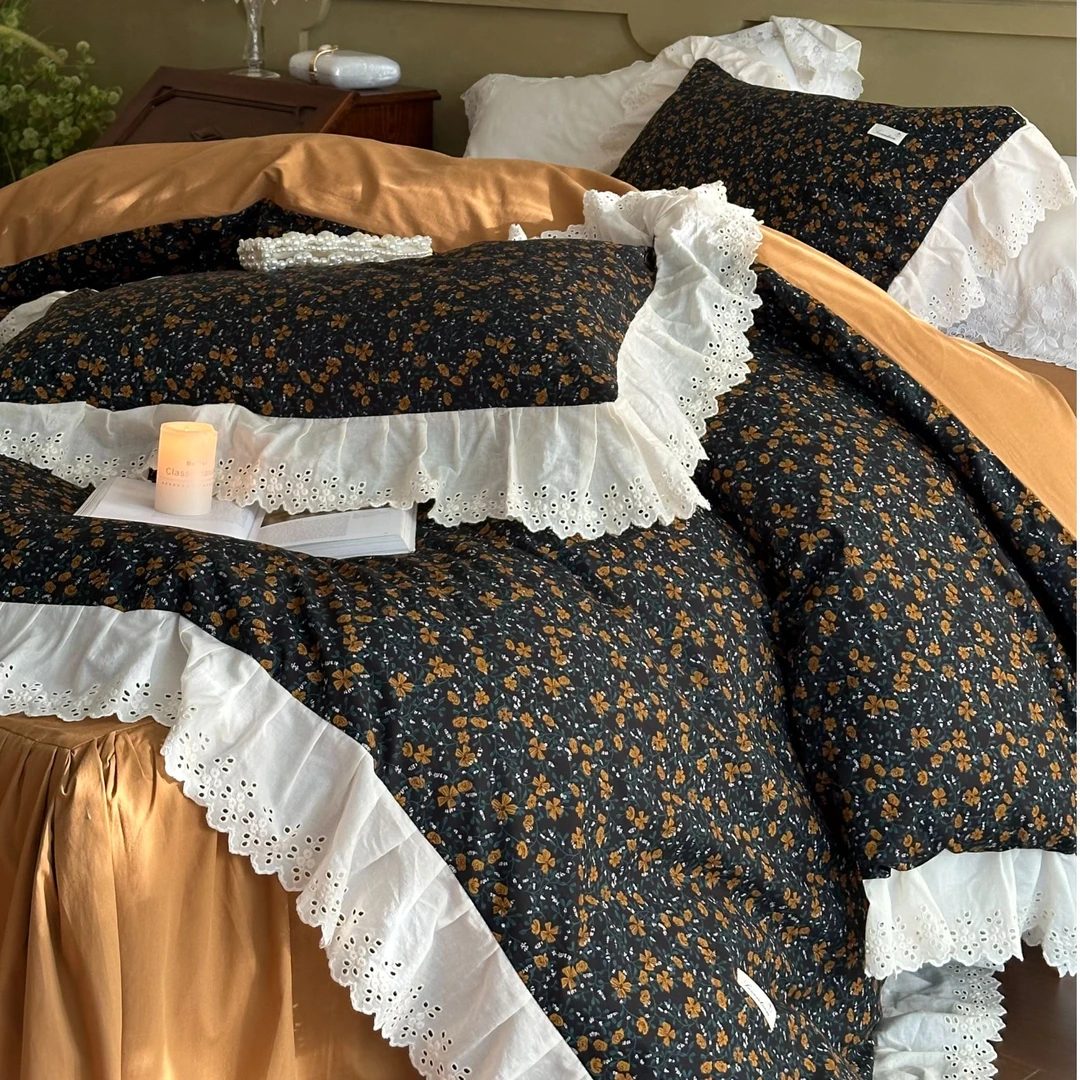 十七【夏日暮野】中古感小碎花超法式！全棉水洗棉花边床裙四件套