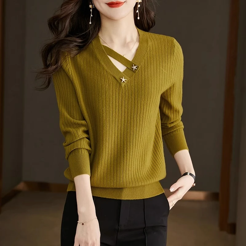 秋季宽松长袖打底时尚百搭套头交叉大码针织衫显瘦洋气女士上衣