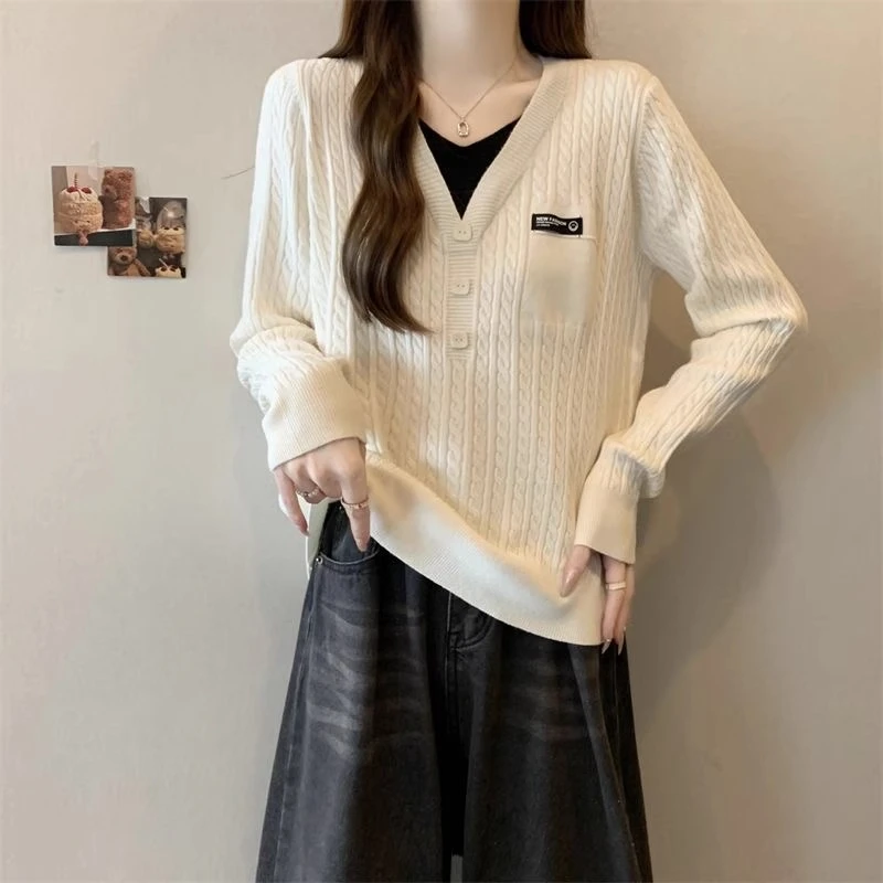 洋气假两件套头针织上衣女秋冬麻花纹路毛衣宽松显瘦【80-200斤】