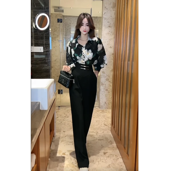 2024春季新款女印花灯笼袖衬衫气质显瘦设计感直筒高腰阔腿裤长裤