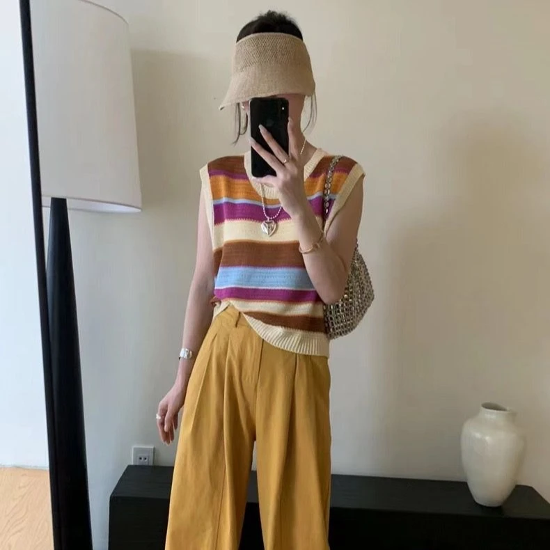 撞色条纹针织无袖上衣背心女24夏季新款韩版圆领套头宽松显瘦小衫
