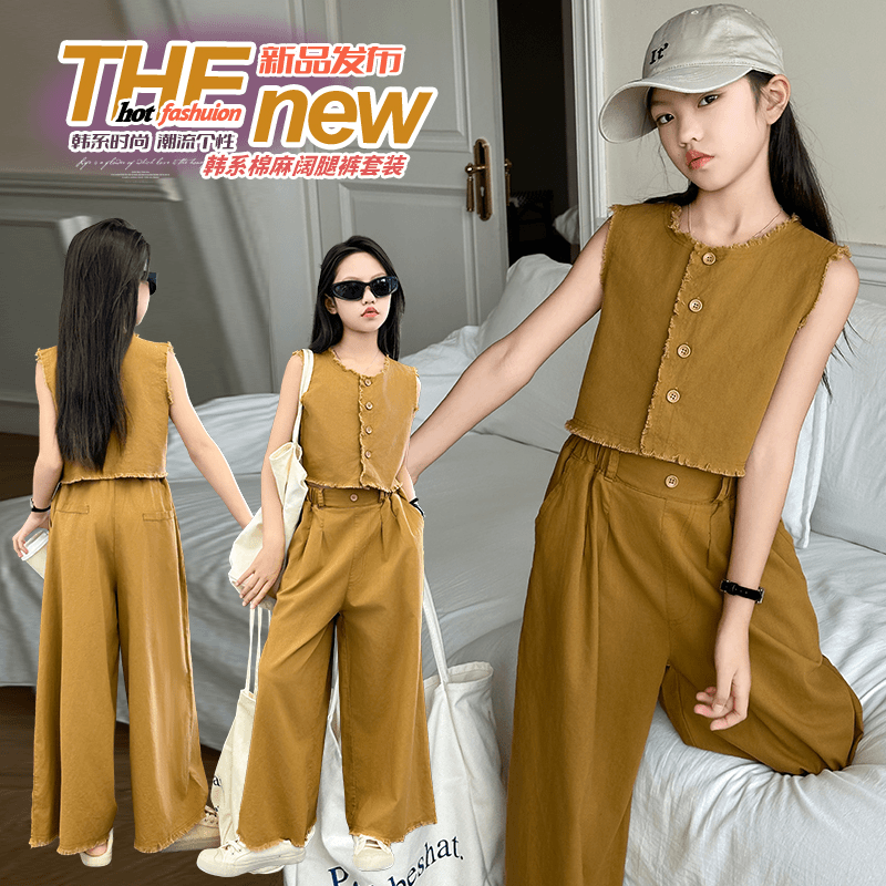 女童无袖套装夏季2024新款中大儿童洋气飞袖上衣女孩薄款半身裙子