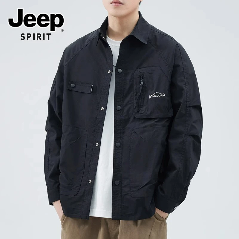 JEEPSPIRIT吉普夹克外套男士潮牌休闲宽松翻领春秋季长袖衬衫男装