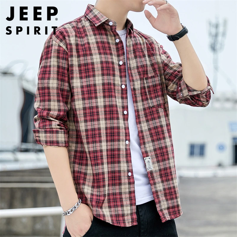 JEEPSPIRIT吉普格子长袖衬衫男士春秋季新款时尚百搭宽松休闲上衣
