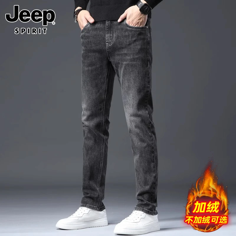 JEEPSPIRIT吉普黑色牛仔裤男士新款宽松直筒裤潮牌加绒保暖长裤子