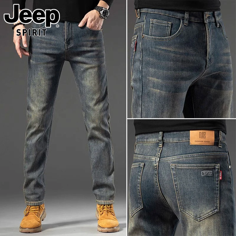 JEEPSPIRIT吉普潮牌复古加绒加厚牛仔裤男秋冬季修身直筒裤子男款