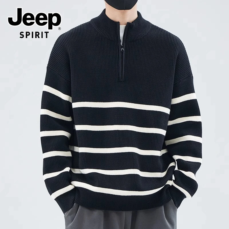 JEEPSPIRIT吉普毛衣男士半高领拉链条纹针织衫2025新款秋冬季上衣