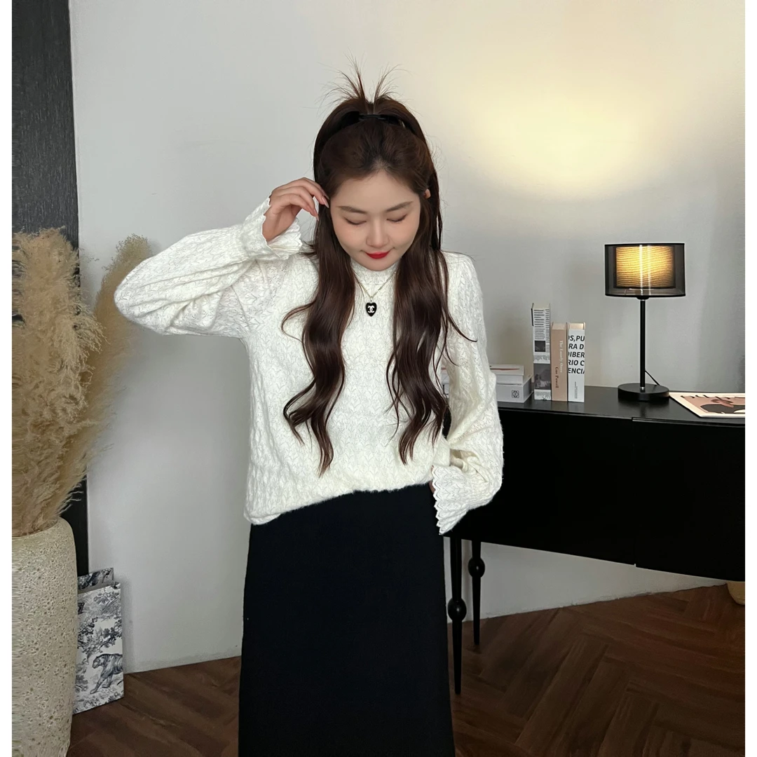 NANXU/楠序鹿鹿微胖女装 2023秋冬季洋气蕾丝法式打底衫女YZ10205