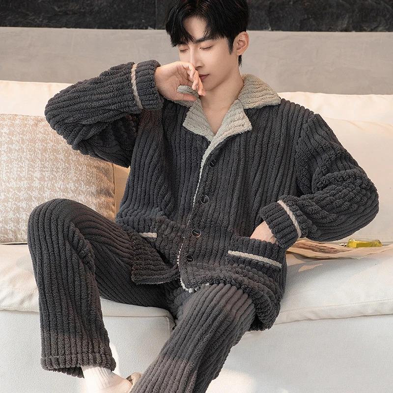 撞色珊瑚绒睡男士秋冬款加绒加厚保暖大码毛绒家居服秋冬季冬天