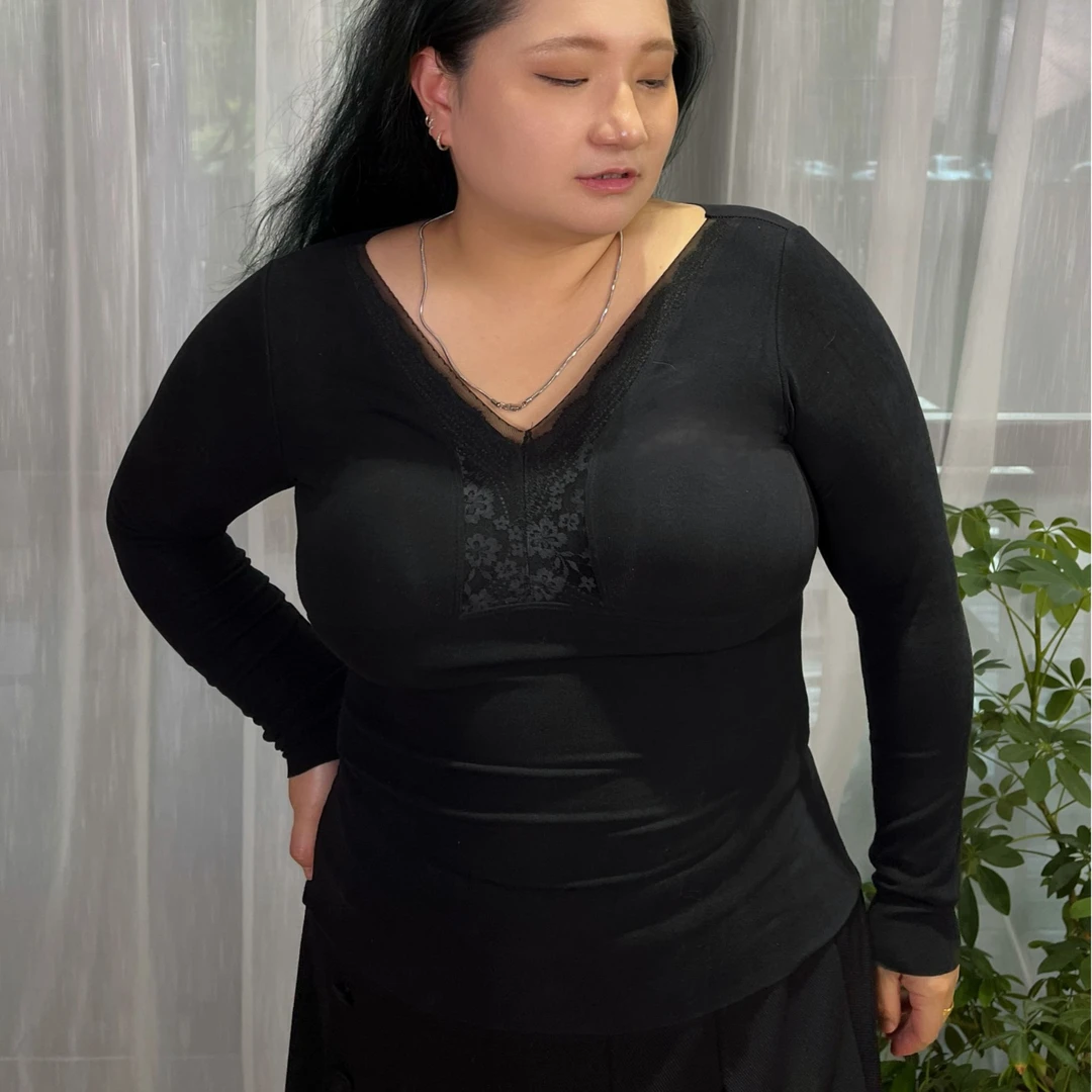 耳半半秋冬椰子油润肤性感蕾丝V领女士带胸垫修身自打热保暖上衣