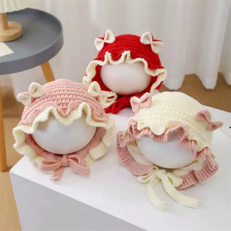女宝宝针织花边帽双层公主帽荷叶边女童蝴蝶结婴幼儿冬季花苞帽