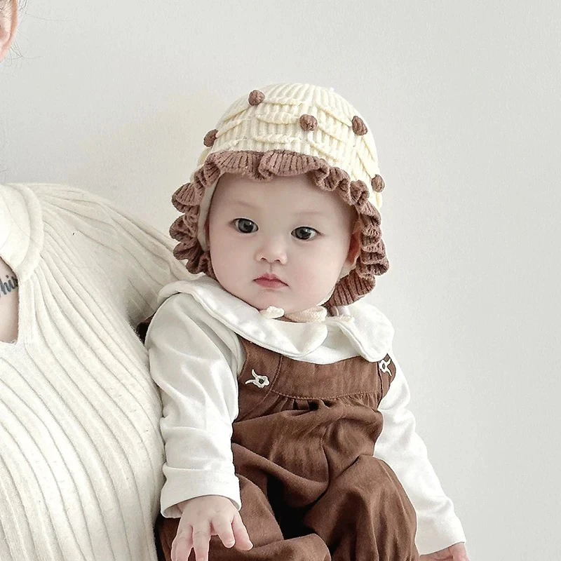 婴儿帽子宝宝秋冬花边公主秋冬季针织可爱保暖毛线帽护耳韩版女童