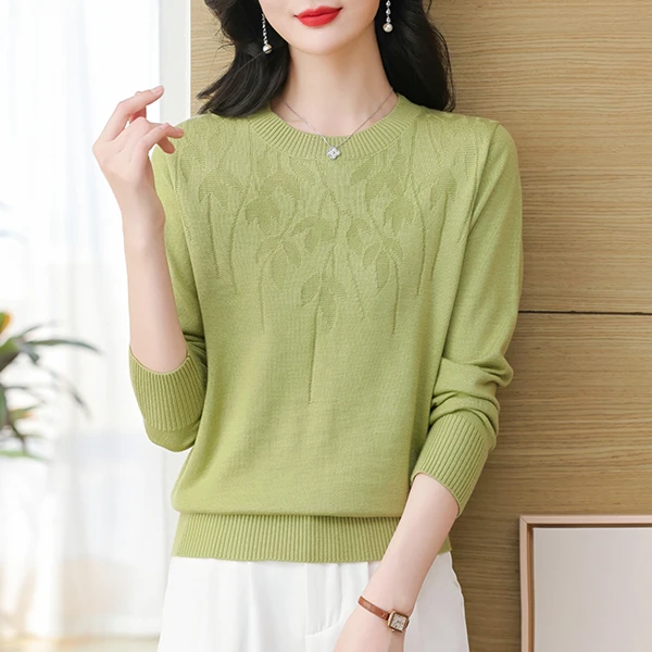 绿色圆领长袖针织衫上衣春季2025新款女装低领妈妈打底衫春秋外穿