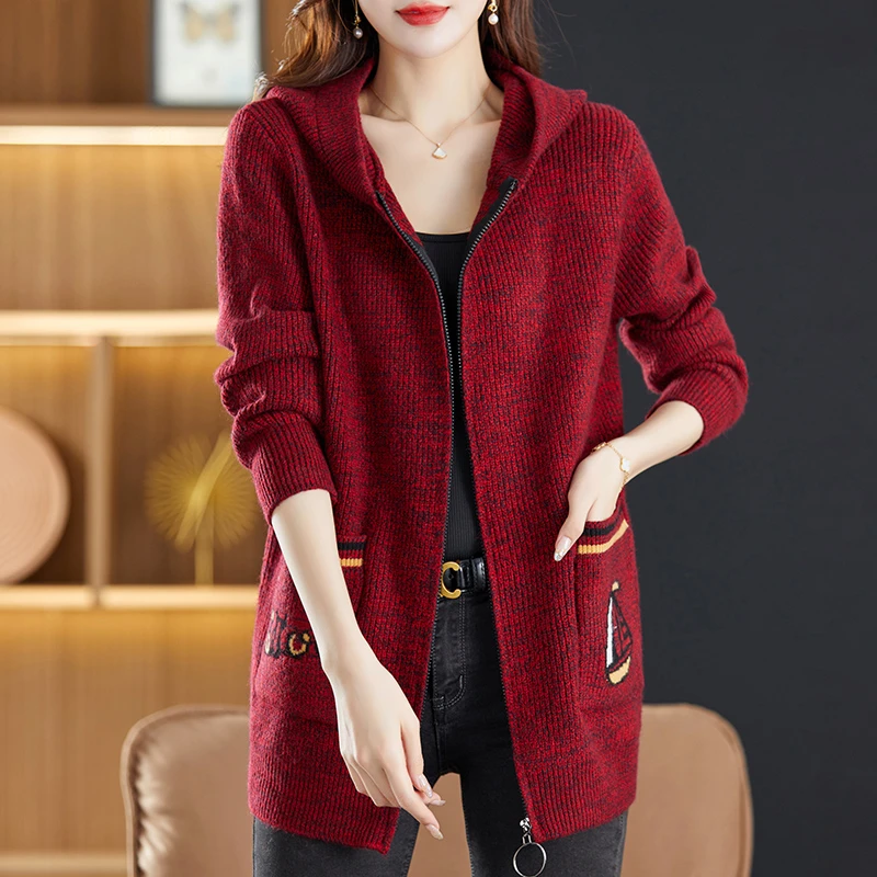 连帽针织中长款拉链开衫2025秋季新款女士羊毛衫女装洋气大码外套