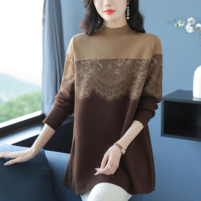 胖妈妈中长款半高领毛衣女秋冬洋气外穿加肥加大遮肚子羊毛打底衫