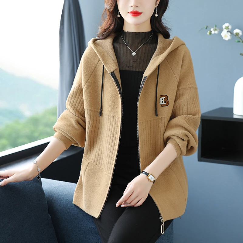 秋冬新款毛呢连帽外套女士宽松大码韩版毛衣针织开衫拉链休闲上衣