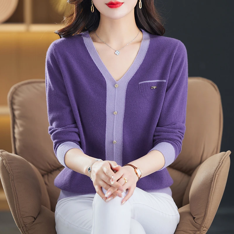 纯羊毛衫女士100全羊毛秋冬季2025今年新款V领假口袋打底拼色毛衣