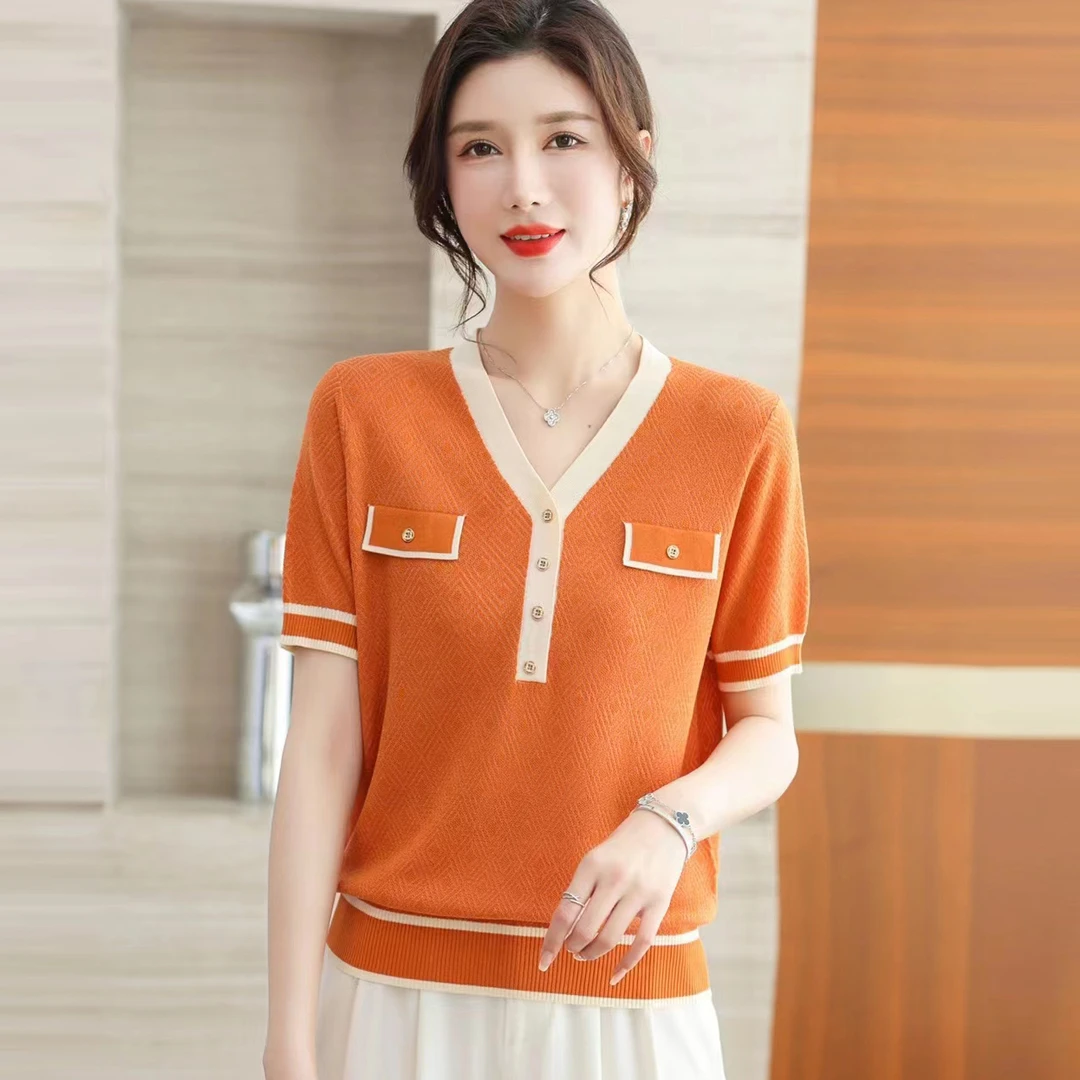 2025夏装新款短袖女冰丝针织衫V领大码气质妈妈上衣女桑蚕丝小衫