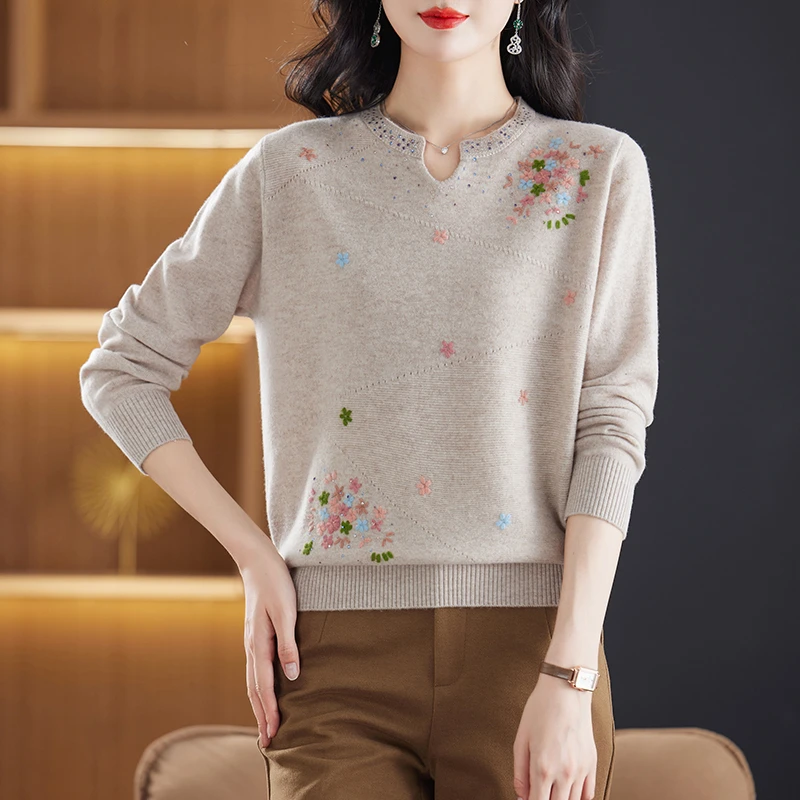 妈妈装100%羊毛衫女秋冬洋气绣花中老年旗袍领毛衣内搭针织打底衫