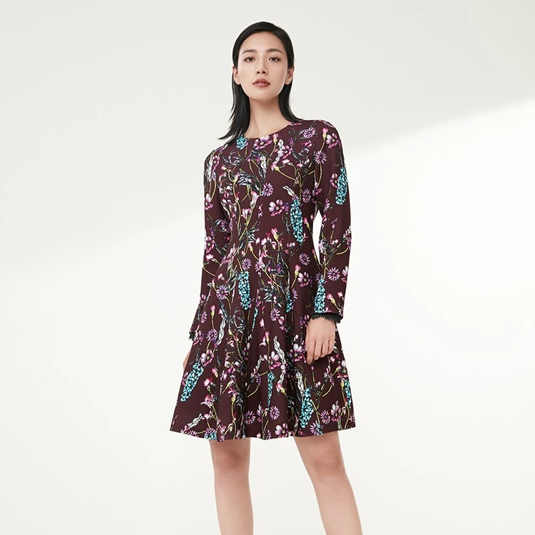 dunnu敦奴春新款长袖修身显瘦收腰复古印花连衣裙休闲DP552102