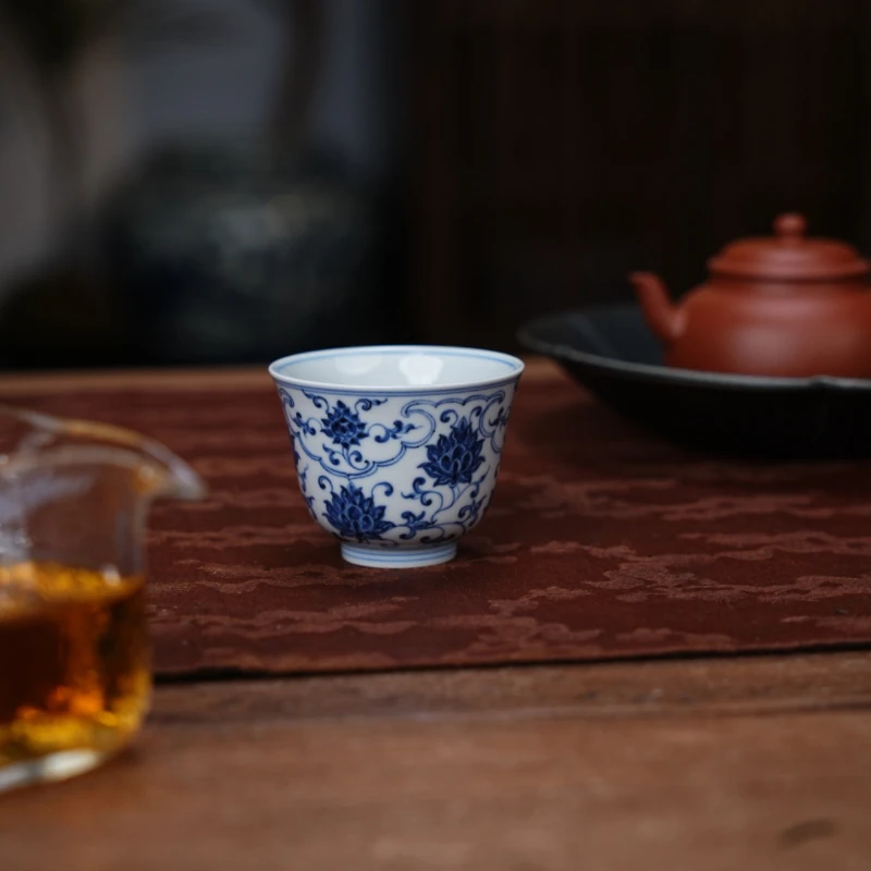 青履茶器元煦和晓青花盖碗青花杯缠枝莲盖碗釉下彩元青花主人杯