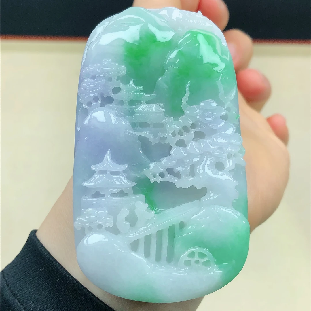 是天然a货翡翠玉石双彩春彩紫罗兰阳绿大山水牌子方牌吊坠男女z