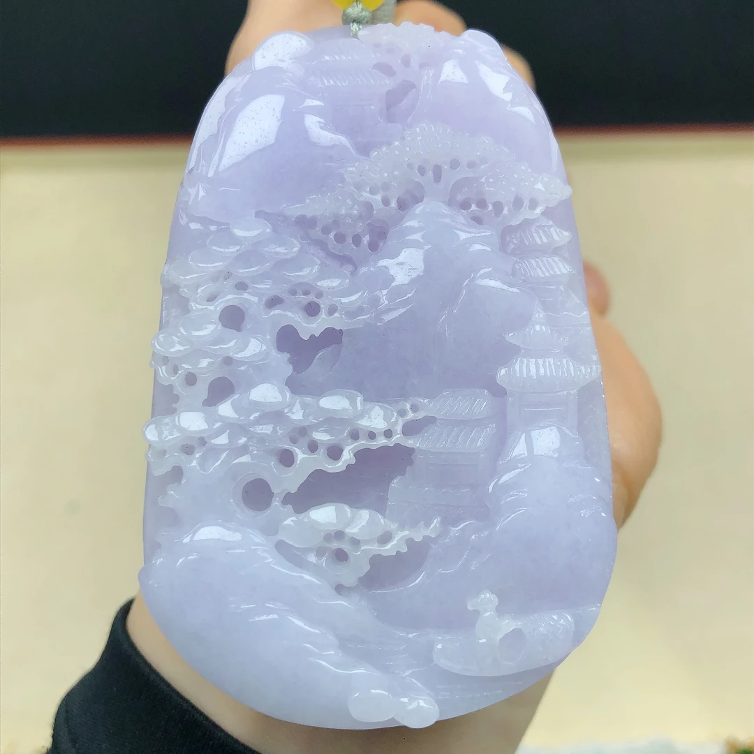 是天然a货翡翠珠宝玉石高档紫罗兰精雕大尺寸山水牌子方牌吊坠男z