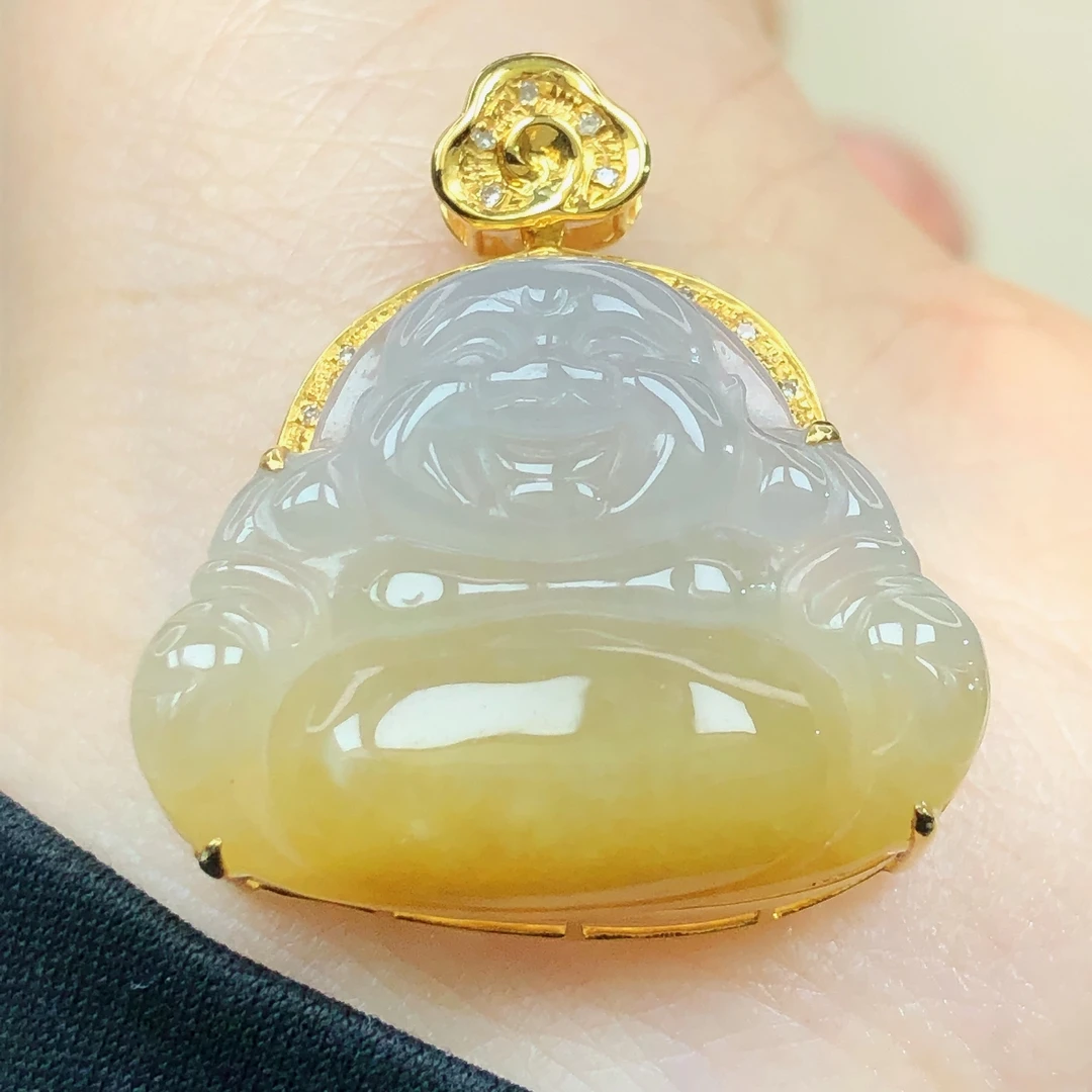 18k金镶嵌a货翡翠高档特色半山半水冰种黄翡佛公大肚佛玉佛吊坠95
