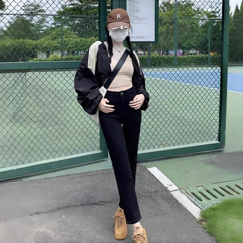 直筒烟管牛仔裤女高腰春秋新款显瘦弹力休闲时尚小个子九分长裤子