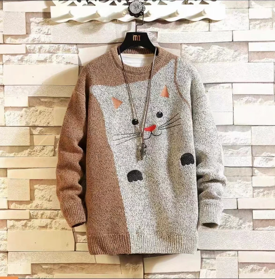 2024新款休闲潮流小猫圆领针织秋冬季加厚保暖青少年毛衣